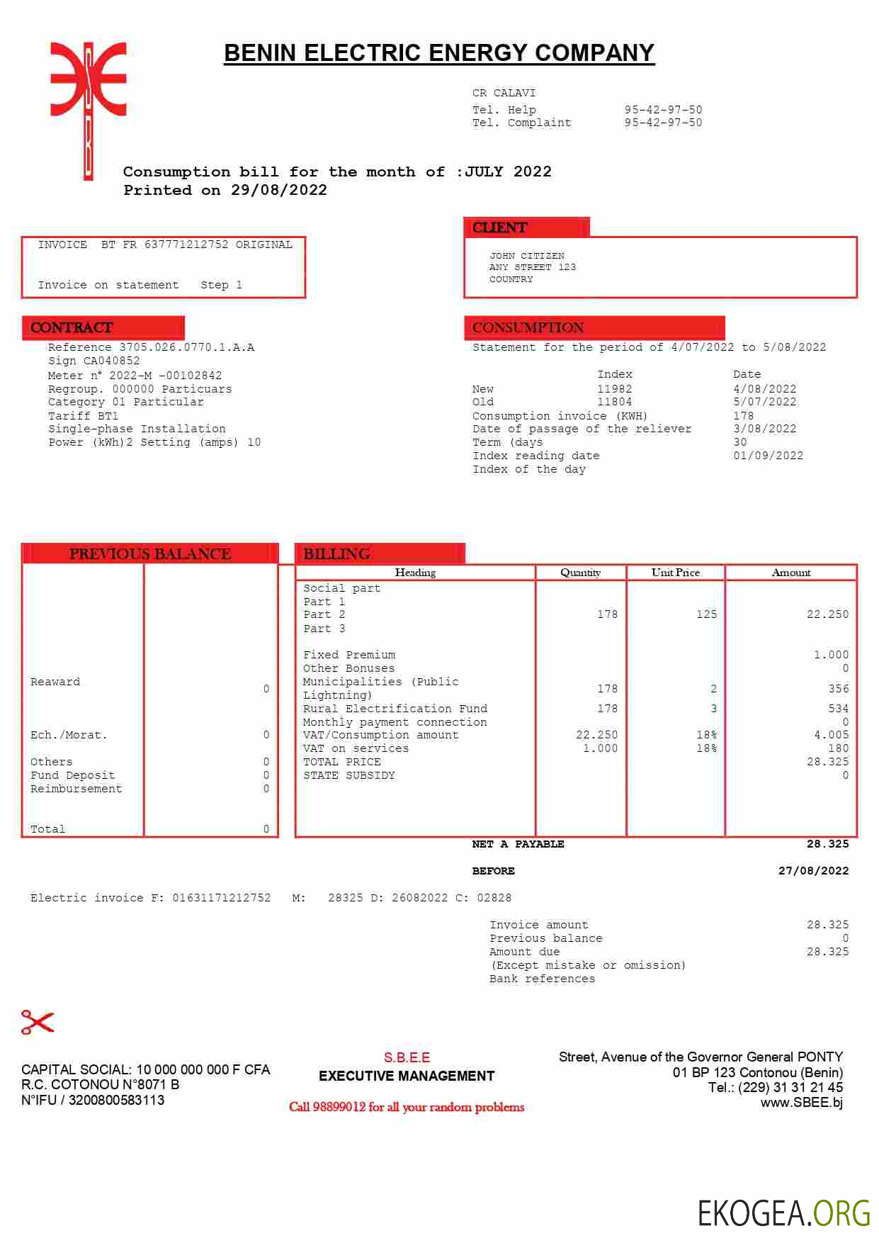 Benin Electric Company Word and PDF utility bill template
